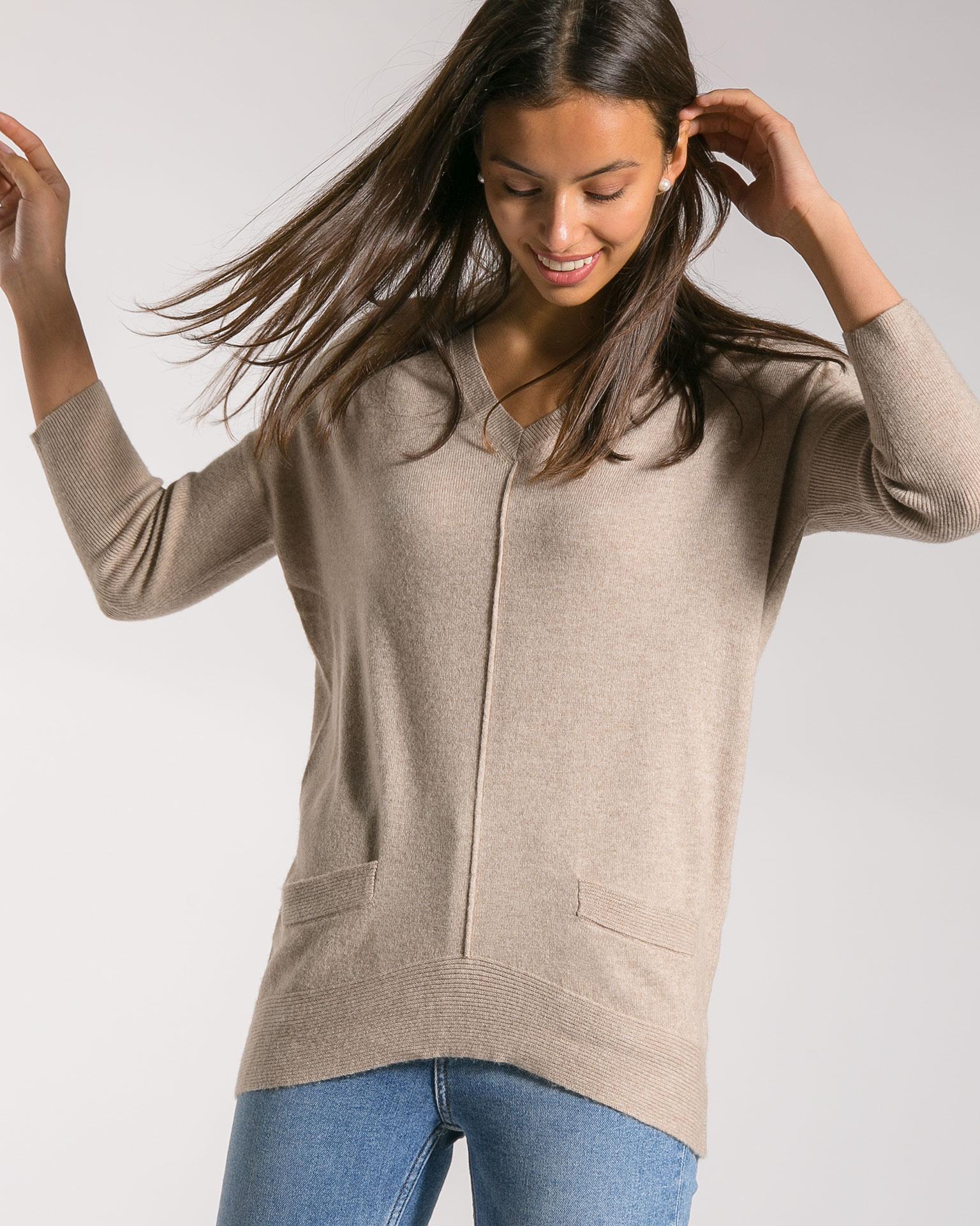 Однотонный джемпер из мягкой кашемировой пряжи песочного тона 1