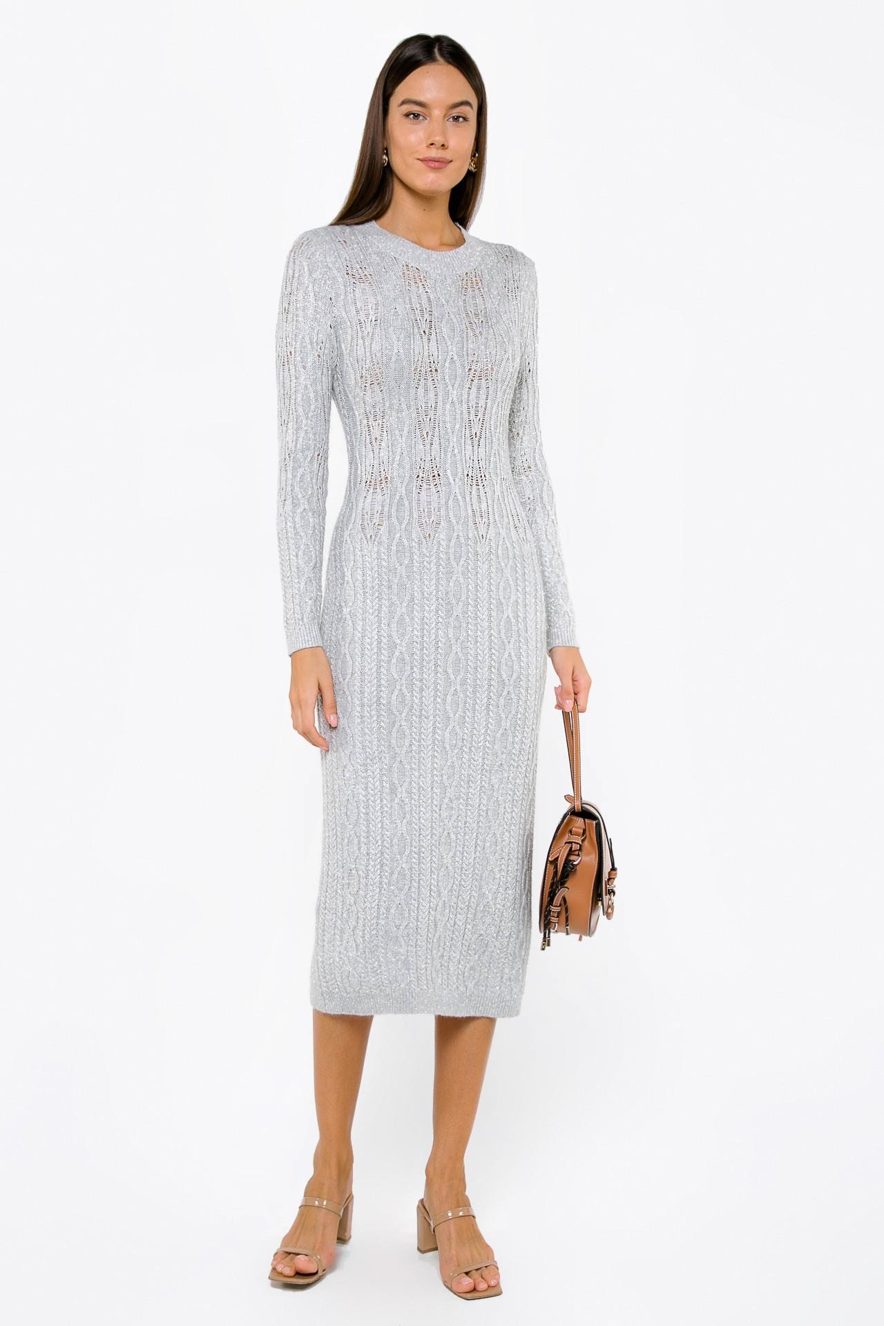 Вязаное платье-миди с фактурным узором и длинными рукавами 3