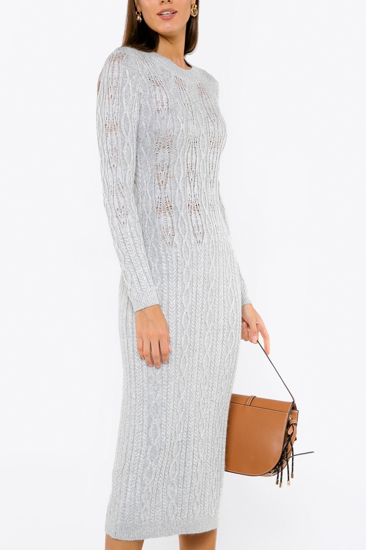 Вязаное платье-миди с фактурным узором и длинными рукавами 4